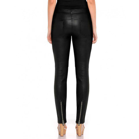 Women's Black Leather Pant with Ankle Zipper