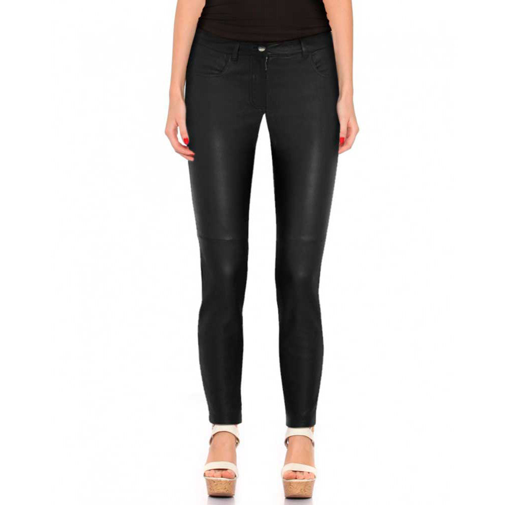 Women's Black Leather Pant with Ankle Zipper