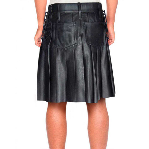 Black Leather Pleated Kilt with Buttons