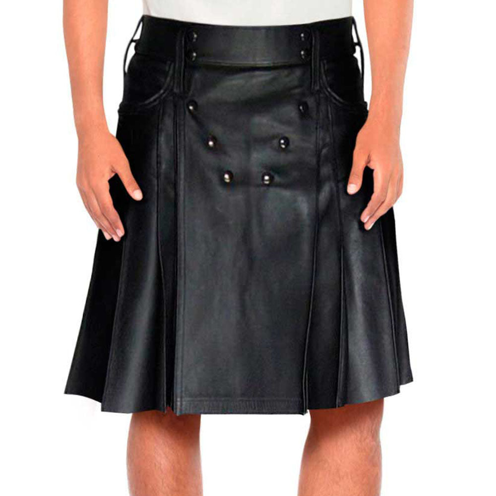 Black Leather Pleated Kilt with Buttons