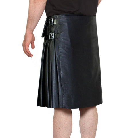 Black Leather Casual Kilt with Side Adjustable Buckle Tabs