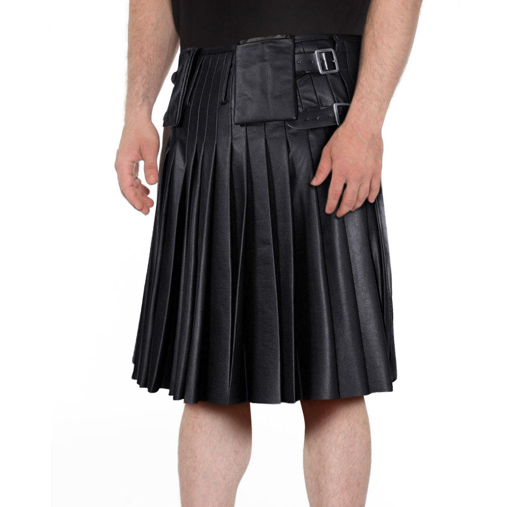 Black Leather Casual Kilt with Side Adjustable Buckle Tabs