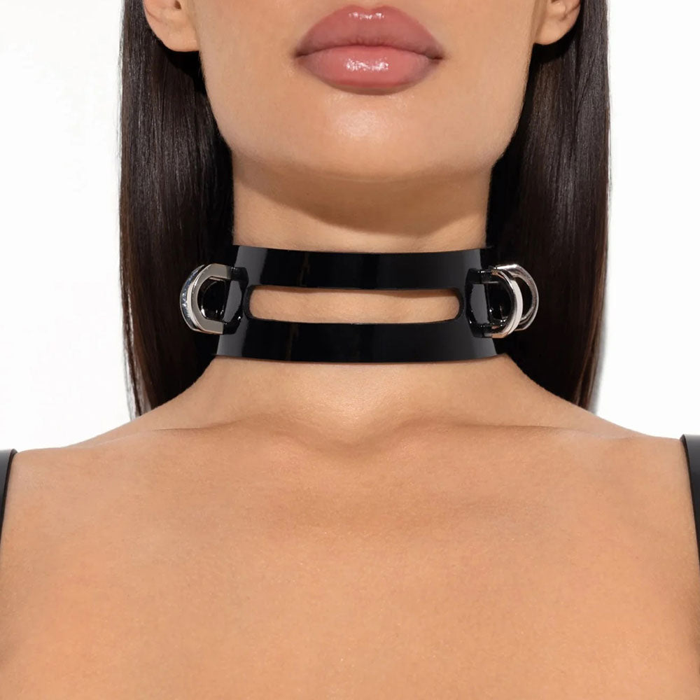 Demi Lacquer Leather Collar in Black