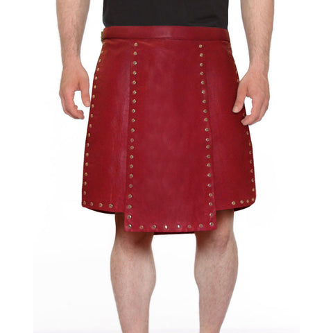 Studded Red Leather Kilt with Side Buckle Tabs