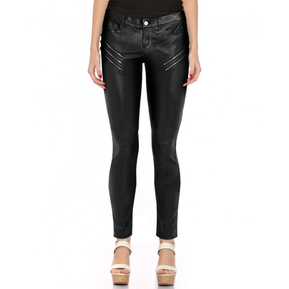 Women's Black Leather Pant with Zip Detailing